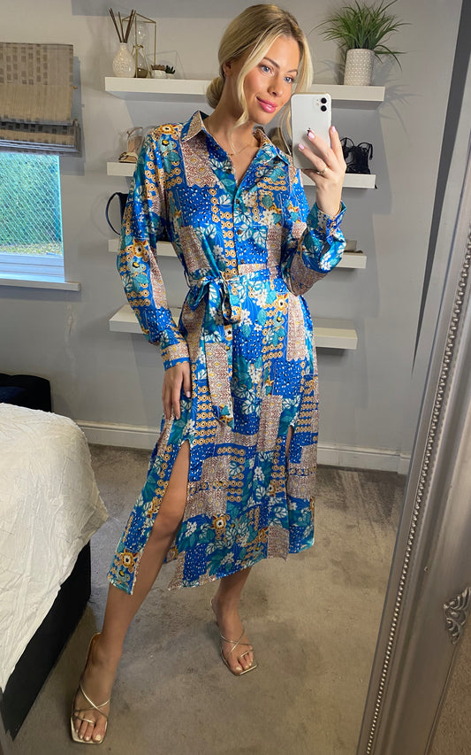 Shirt dress long sleeves and button through in patchwork print
