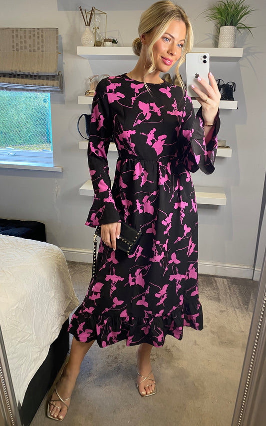 Long sleeves pink floral print midi dress