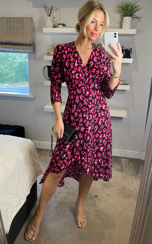 Pink floral print long sleeves wrap midi dress with smock detail