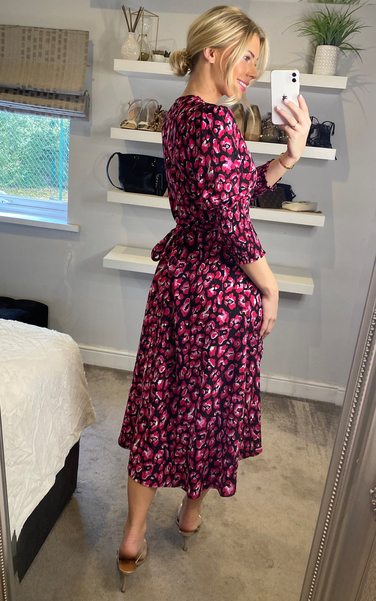 Pink floral print long sleeves wrap midi dress with smock detail