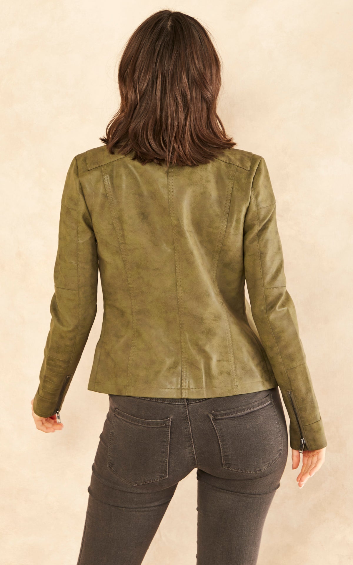 Faux Leather Biker Jacket in Khaki