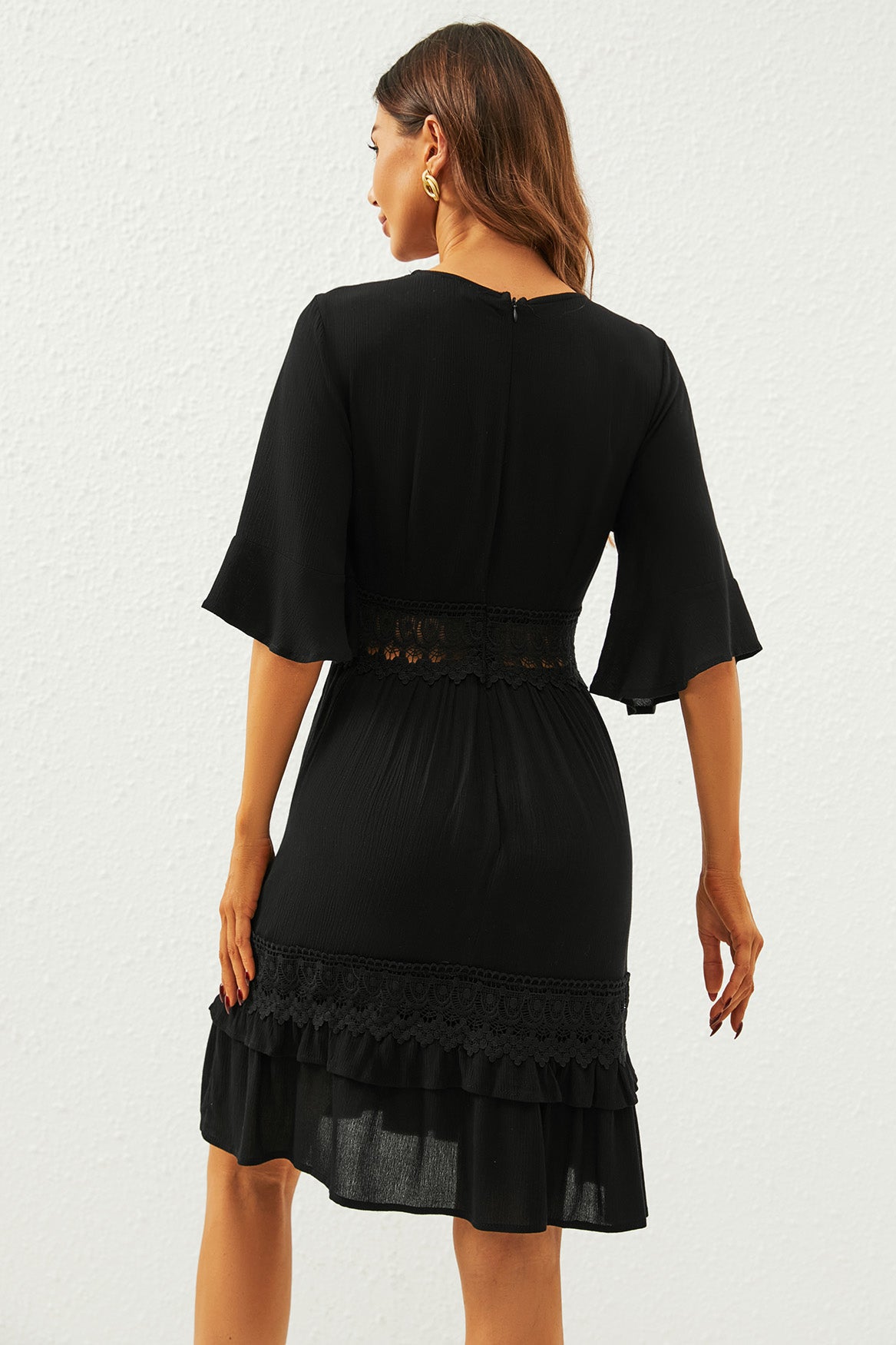 V Neck Lace Mini Dress In Black