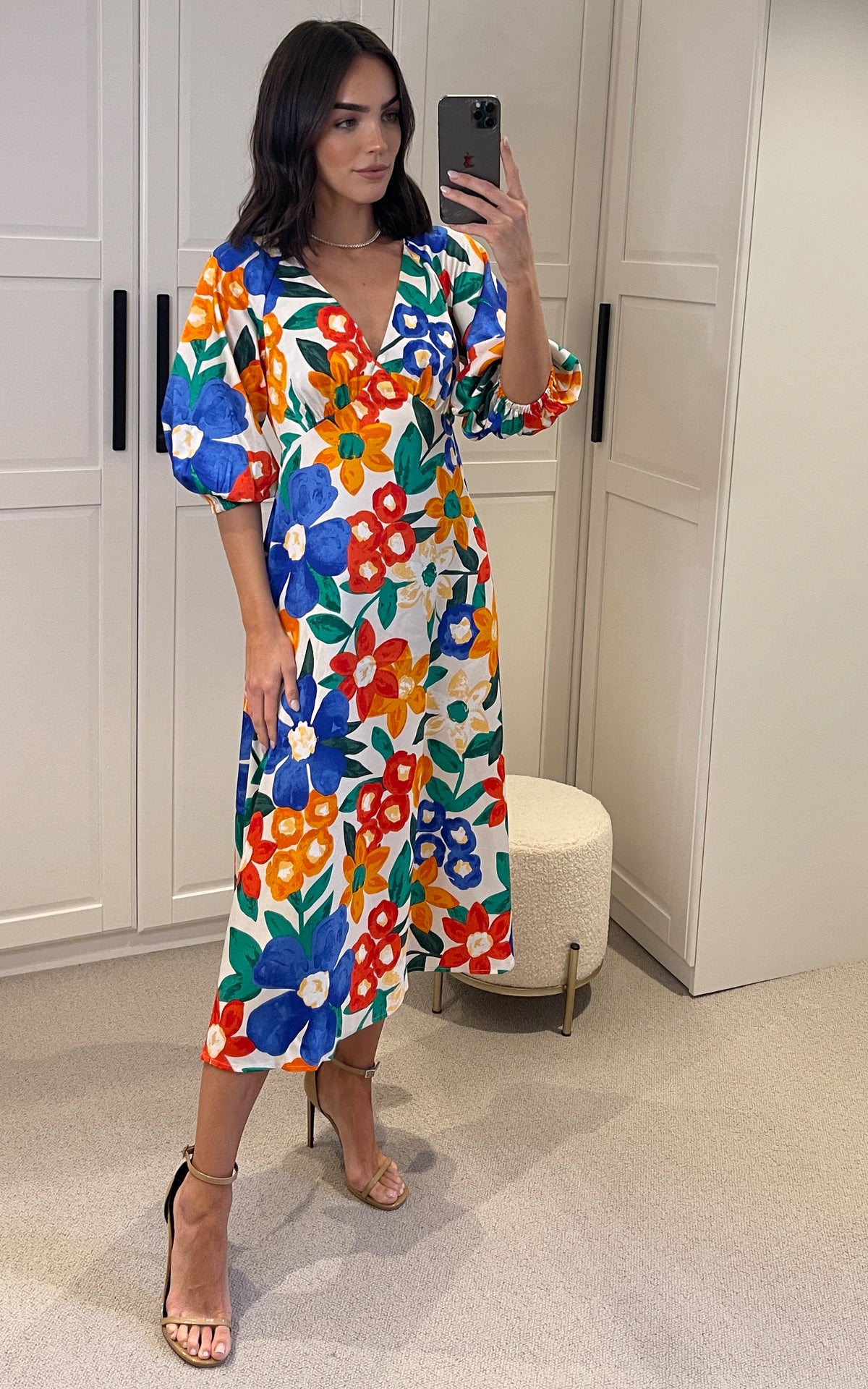 Floral Multicolour Midi V-Neck Quarter Length Sleeve Gloria Dress