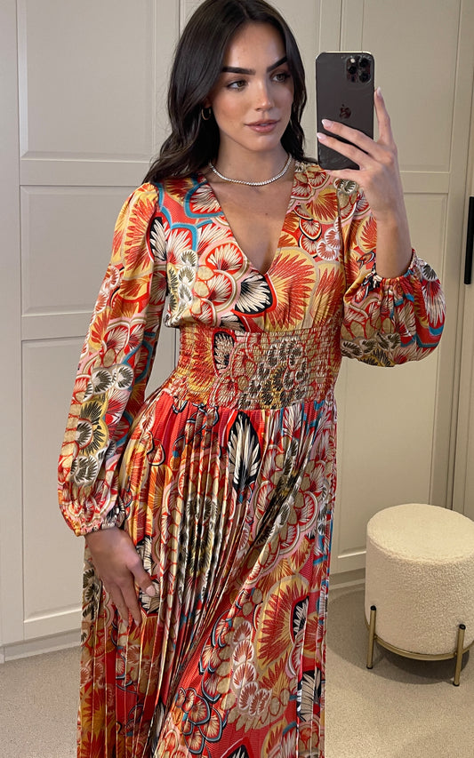 Paisley Aurora Long Sleeve shirred V-Neck pleated midi Dress in Red