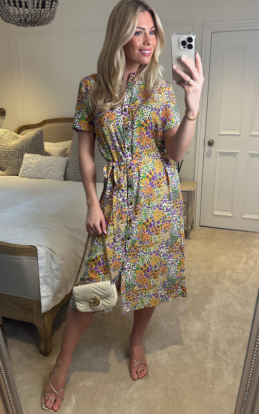 Multicolour floral print button down midi shirt dress with standing collar