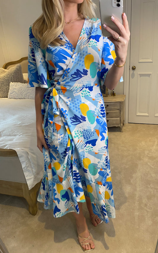 Midi wrap dress in multicolour blue floral print