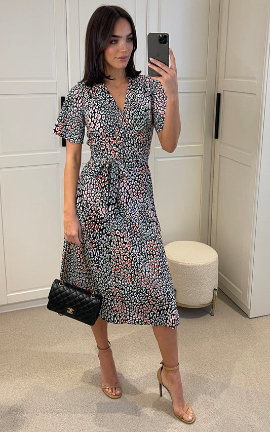 Leopard print midi wrap dress with belt fastening in multicolour