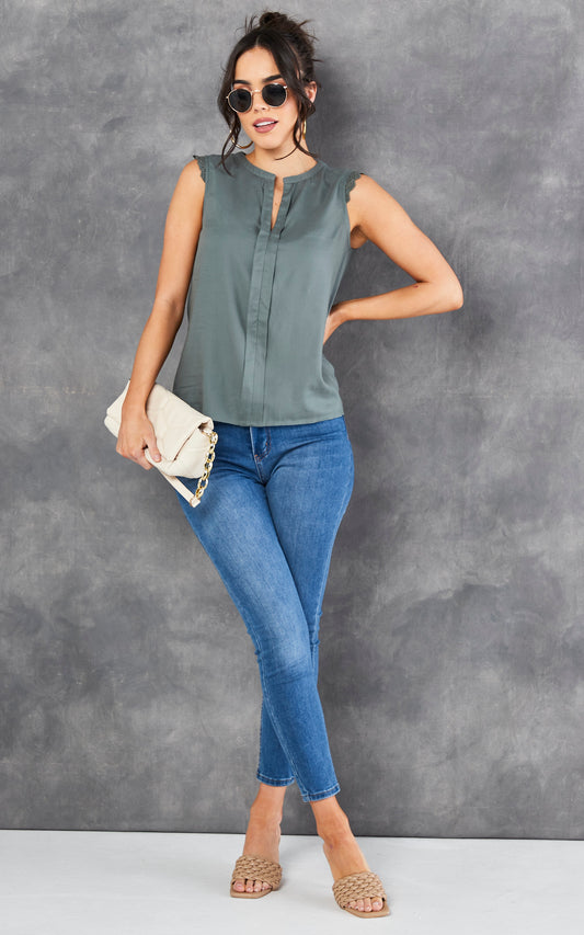 Sleeveless Blouse with V Neck in Khaki