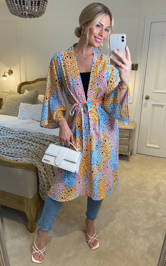 Leopard print long length kimono in multi-colour