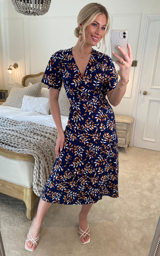 Multicolour floral print midi wrap dress with belt fastening in navy