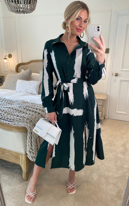 Long sleeve midi shirt dress in forest green abstract print