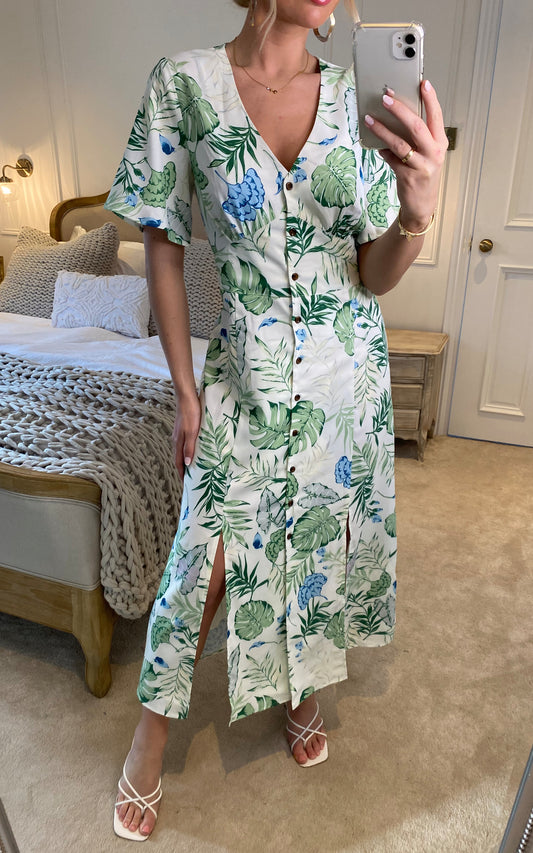 V-neck botanical leaf print short sleeves maxi dress with smock waist