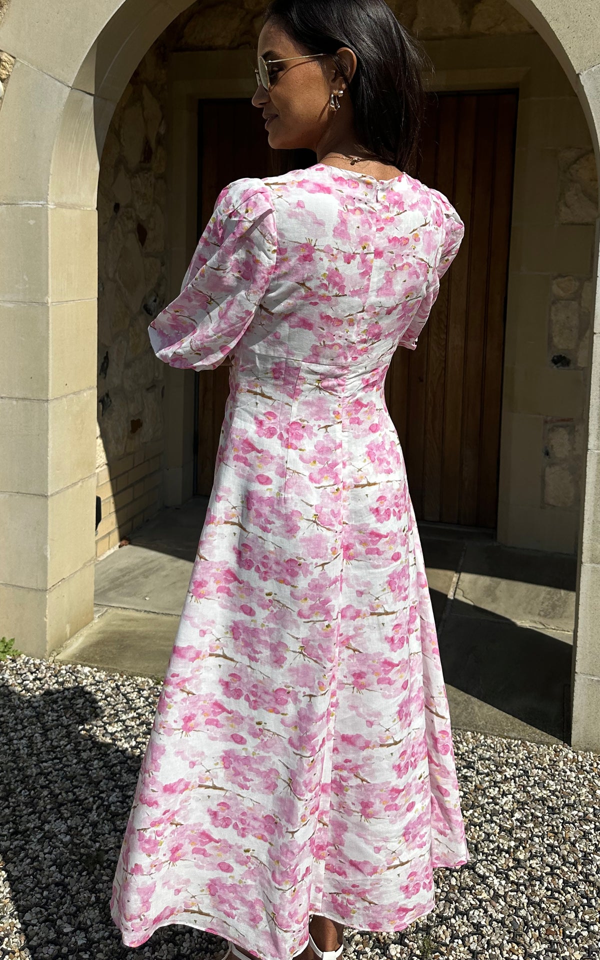 Pink Floral Ruched V Neck Midi Dress