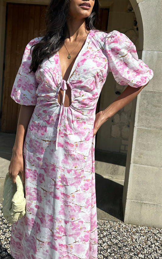 Pink Floral Ruched V Neck Midi Dress