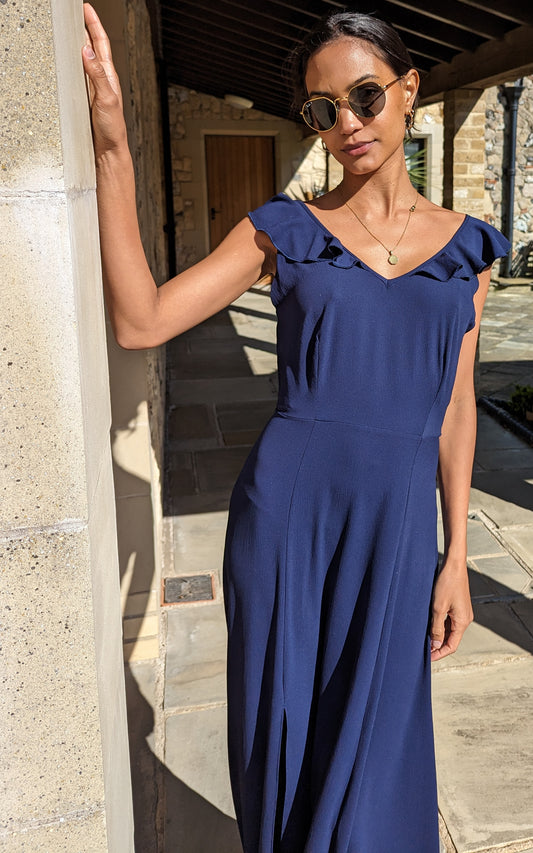 Sleeveless V Neck Tie Back Maxi Dress in Navy