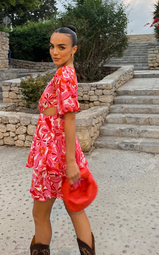 Pink and red floral print mini dress with cut-out detail