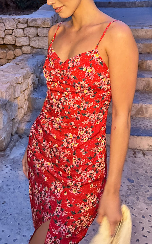 Multicolour floral print cami midi dress with shoulder straps in red