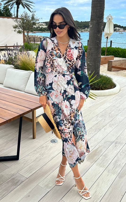 Lora Wrap Maxi Dress in Navy Floral Leopard print