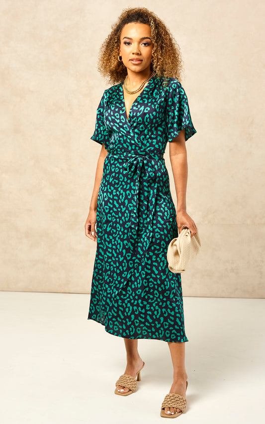 Petite Green/Navy Leopard Plunge Neck Floral Print Midi Wrap Dress