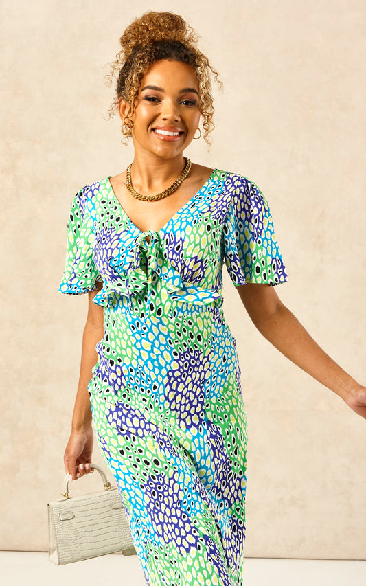 Petite Blue And Green Leopard Maxi Dress With Frill Detail