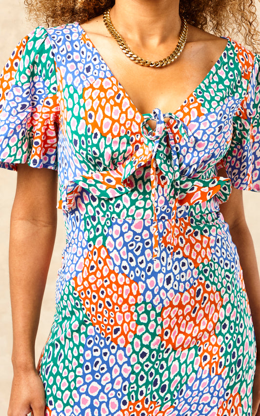 Petite Multicoloured V Neck Maxi Dress With Frill Detail In Leopard Print