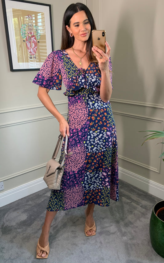 V-neck short sleeves maxi dress with frill detail in multicolour floral print