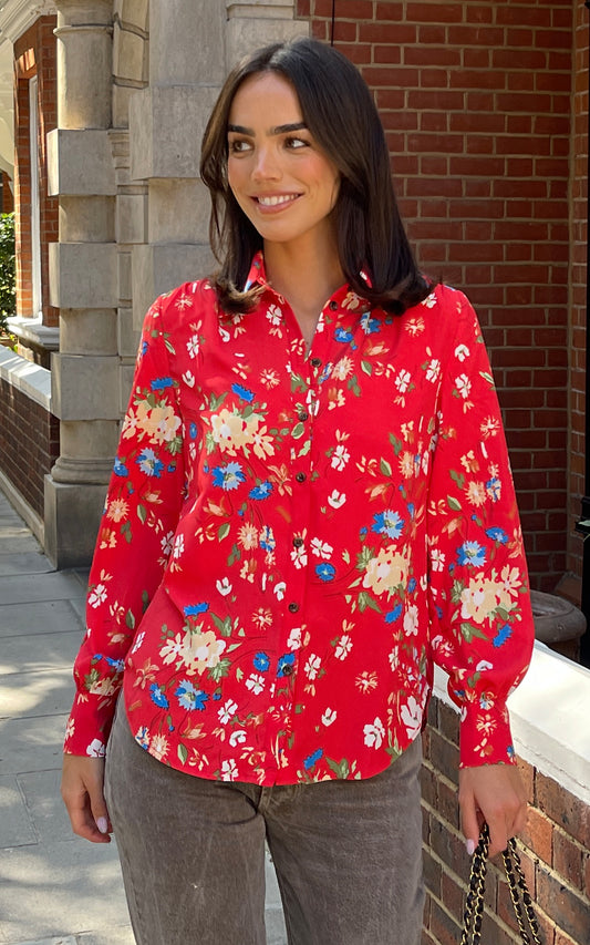 Multicolour floral print long sleeves collared blouse shirt in red