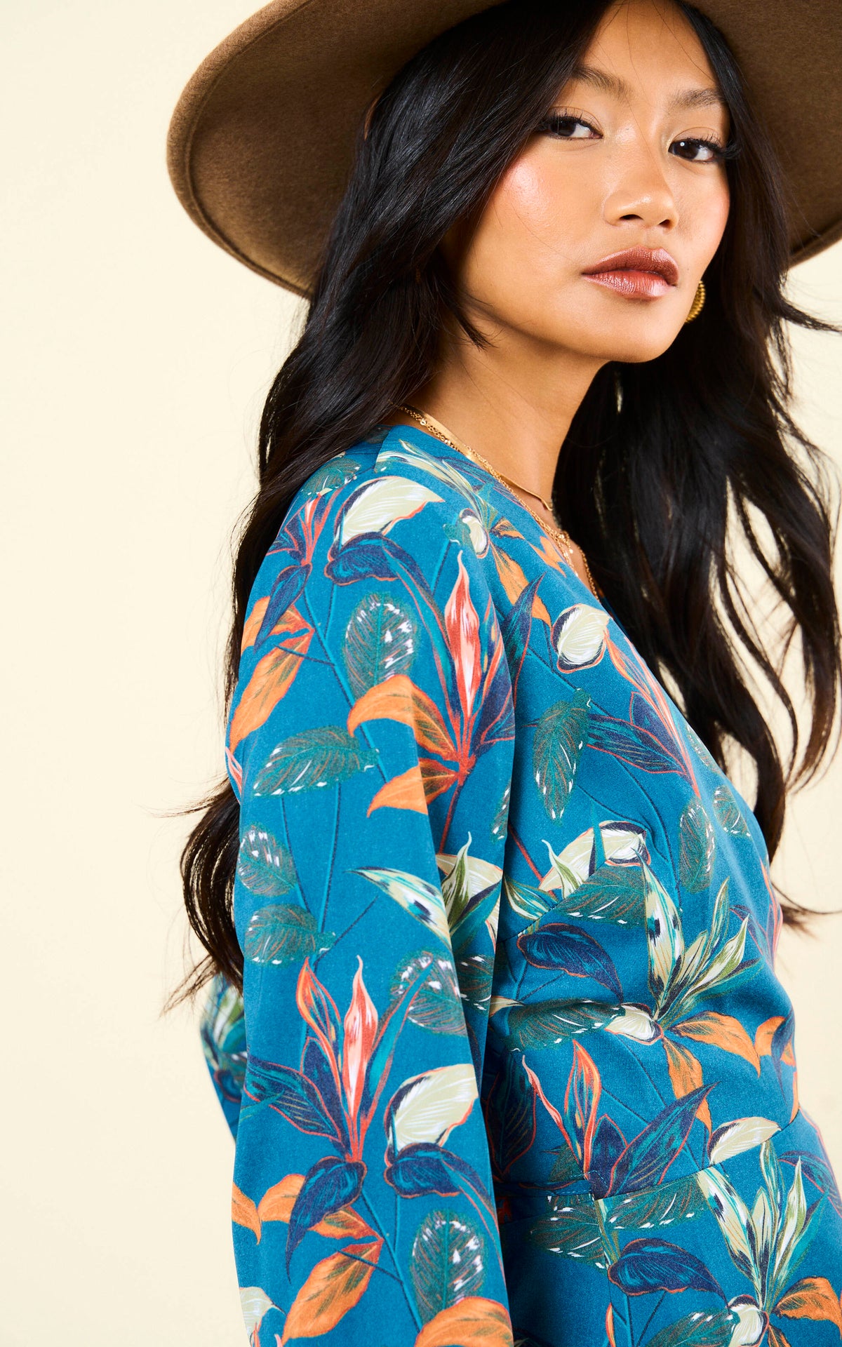 Long Sleeve Wrap Mini Dress in Teal Leaf Print