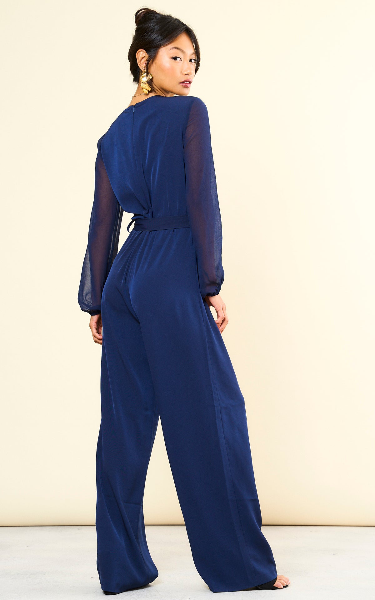 Navy Long Sleeve Jumpsuit with Chiffon Sleeve