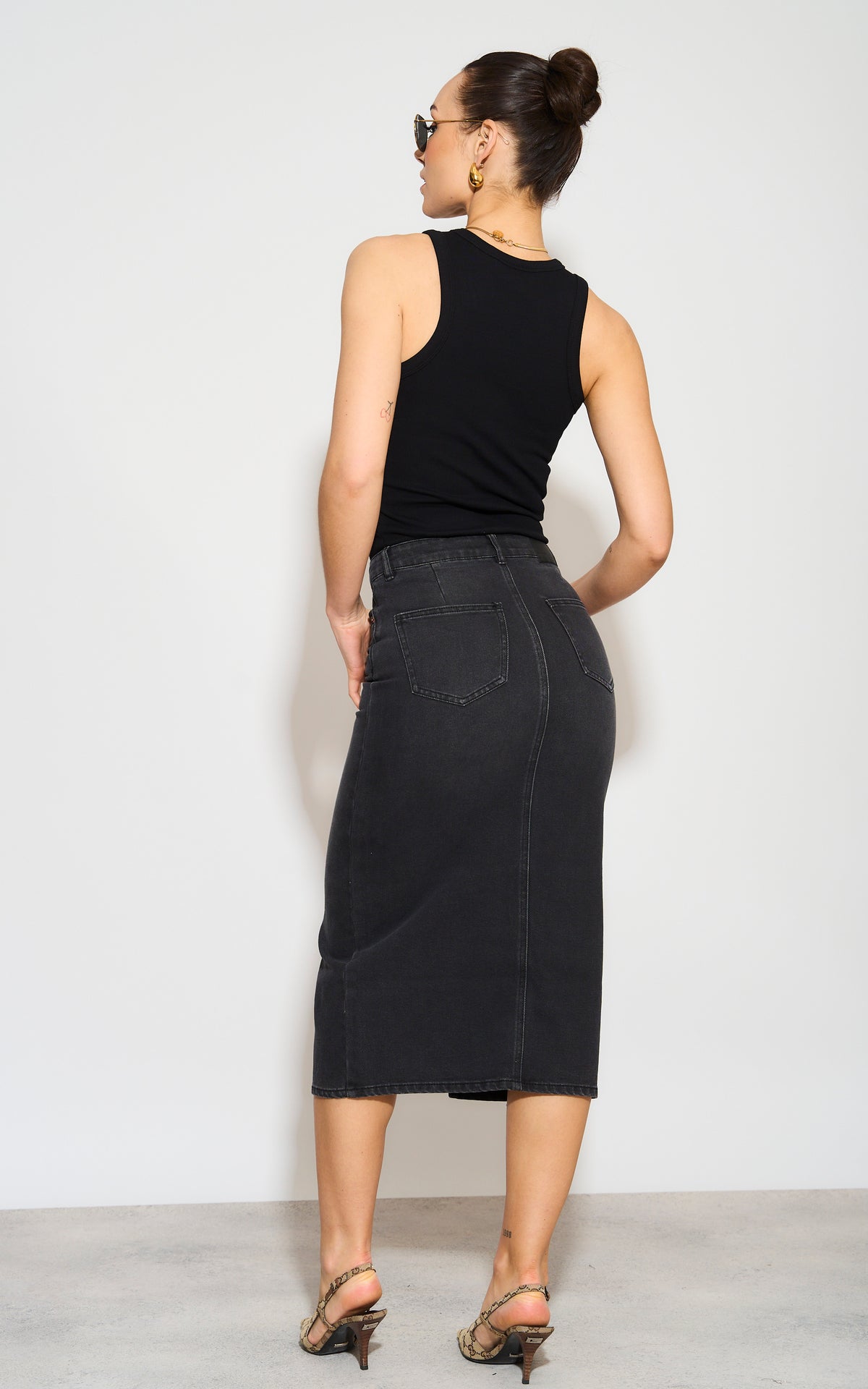 High Waist Split Leg Denim Midi Skirt in Black