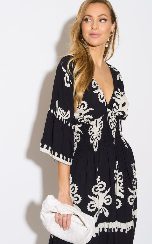 Oversized Wide Sleeves V Neck Printed Knee Length Dress in Black