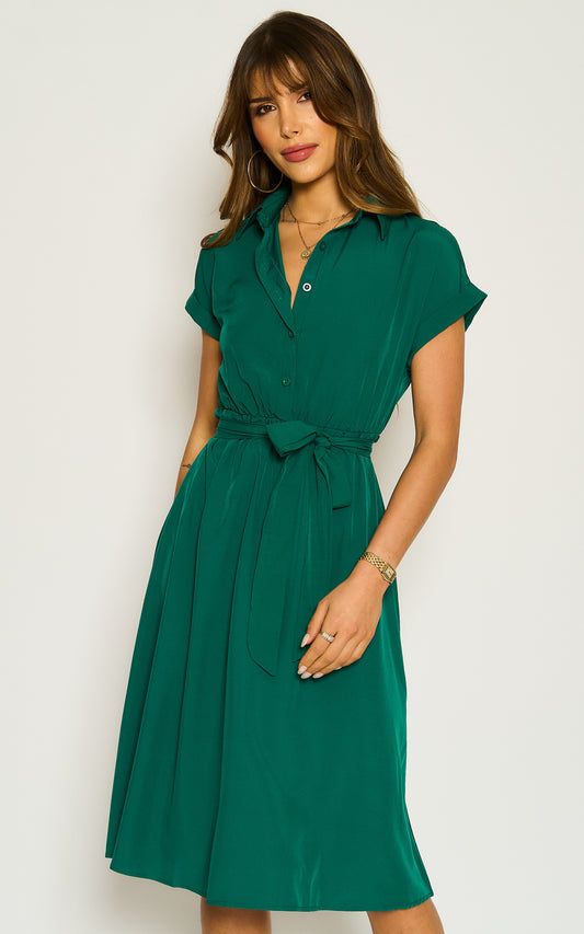 Short Sleeve Midi Shirt Dress In Green