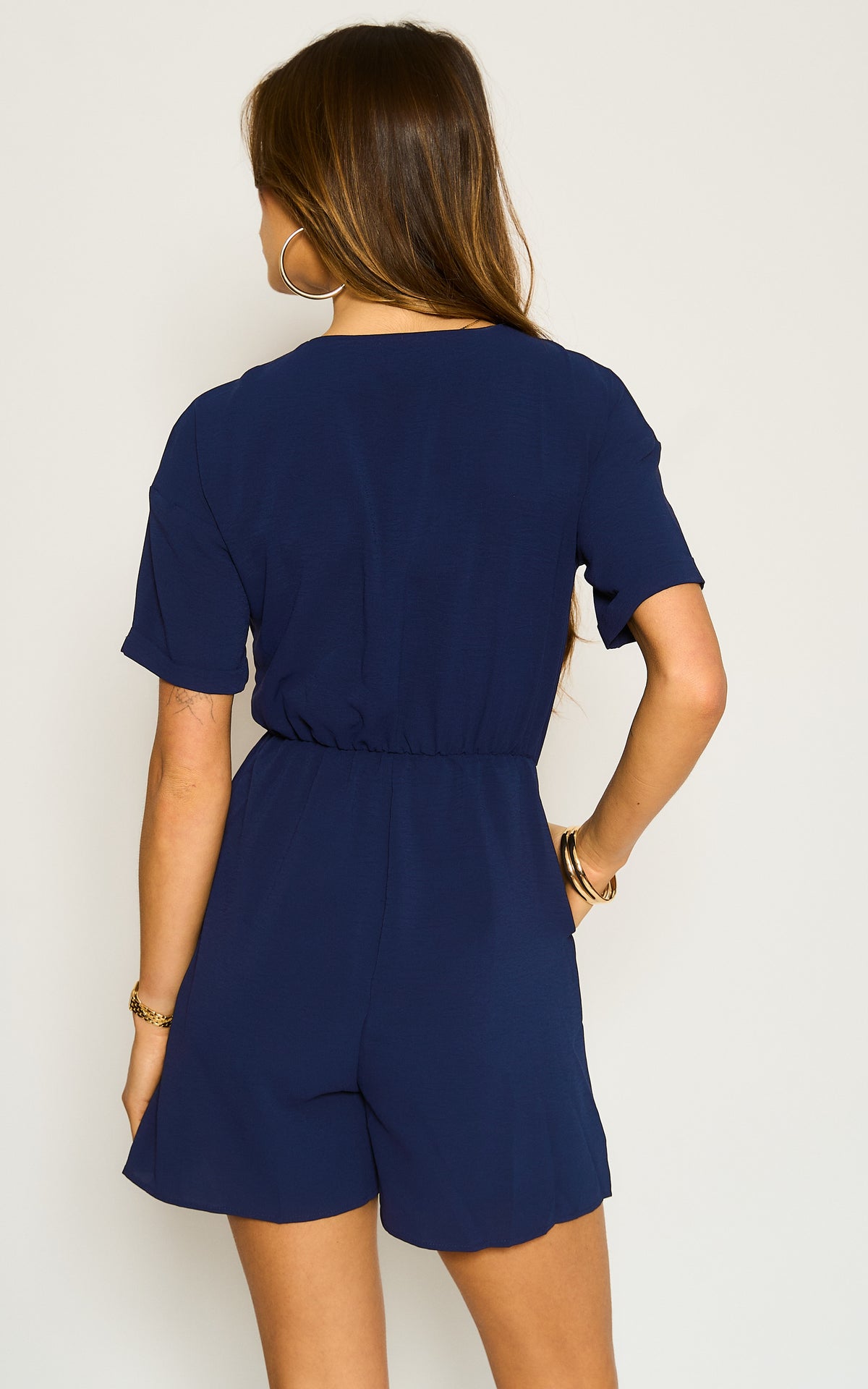 Relaxed Button Down Tie Front Playsuit In Navy
