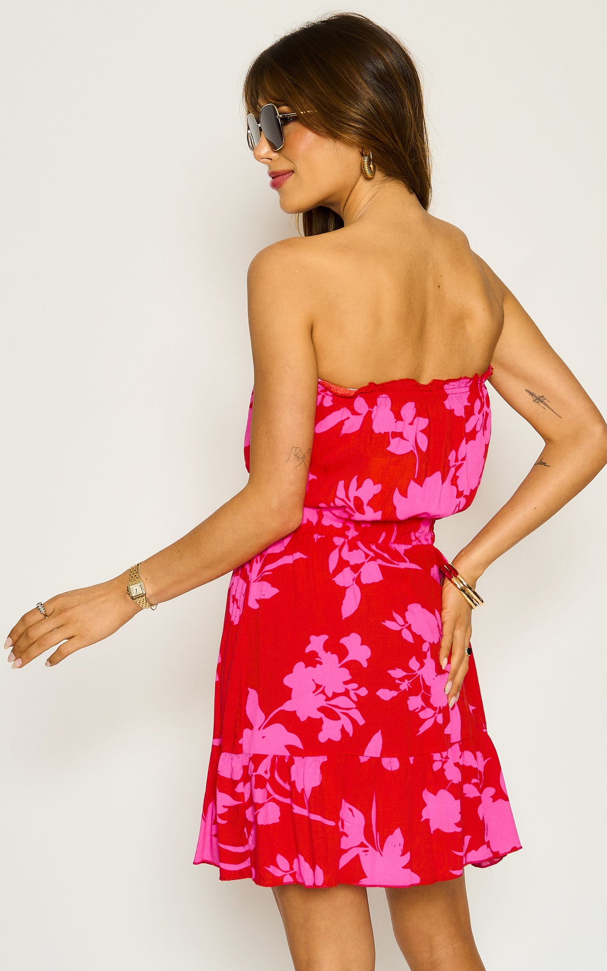 Pink Floral Print Broderie Strapless Dress Bandeau Summer Mini Dress In Red