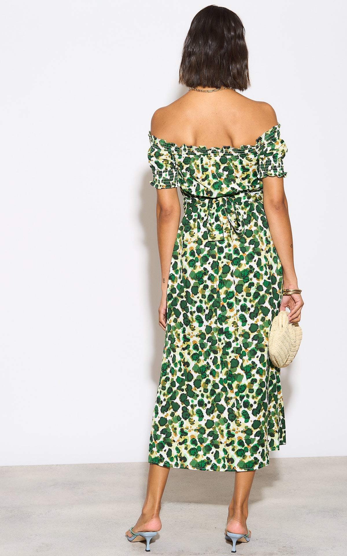 Green Print Bardot Maxi dress