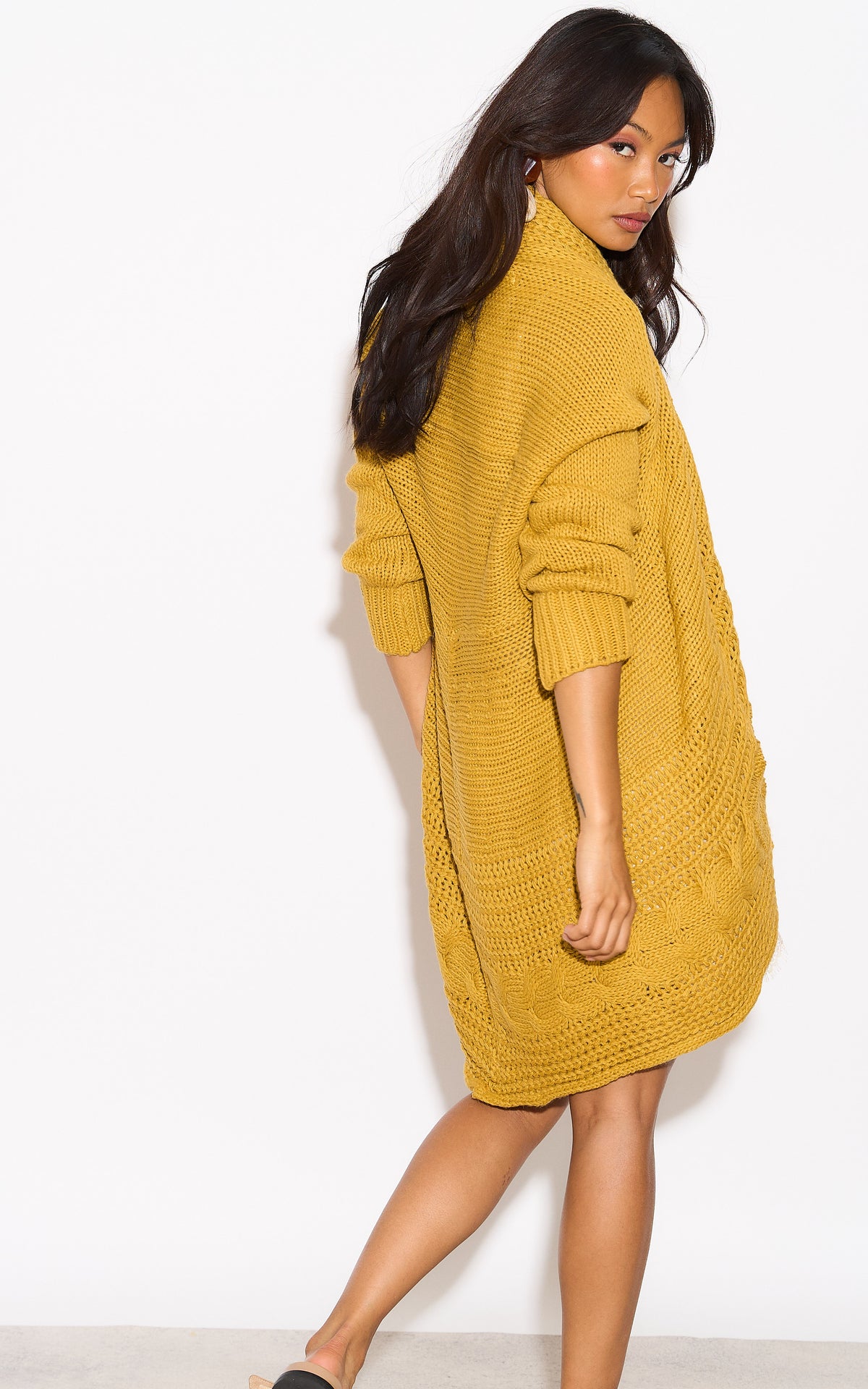 Chunky Pleat Long Cardigan in Mustard Yellow