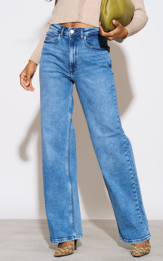 High Waist Wide Leg Jeans in Medium Blue Denim