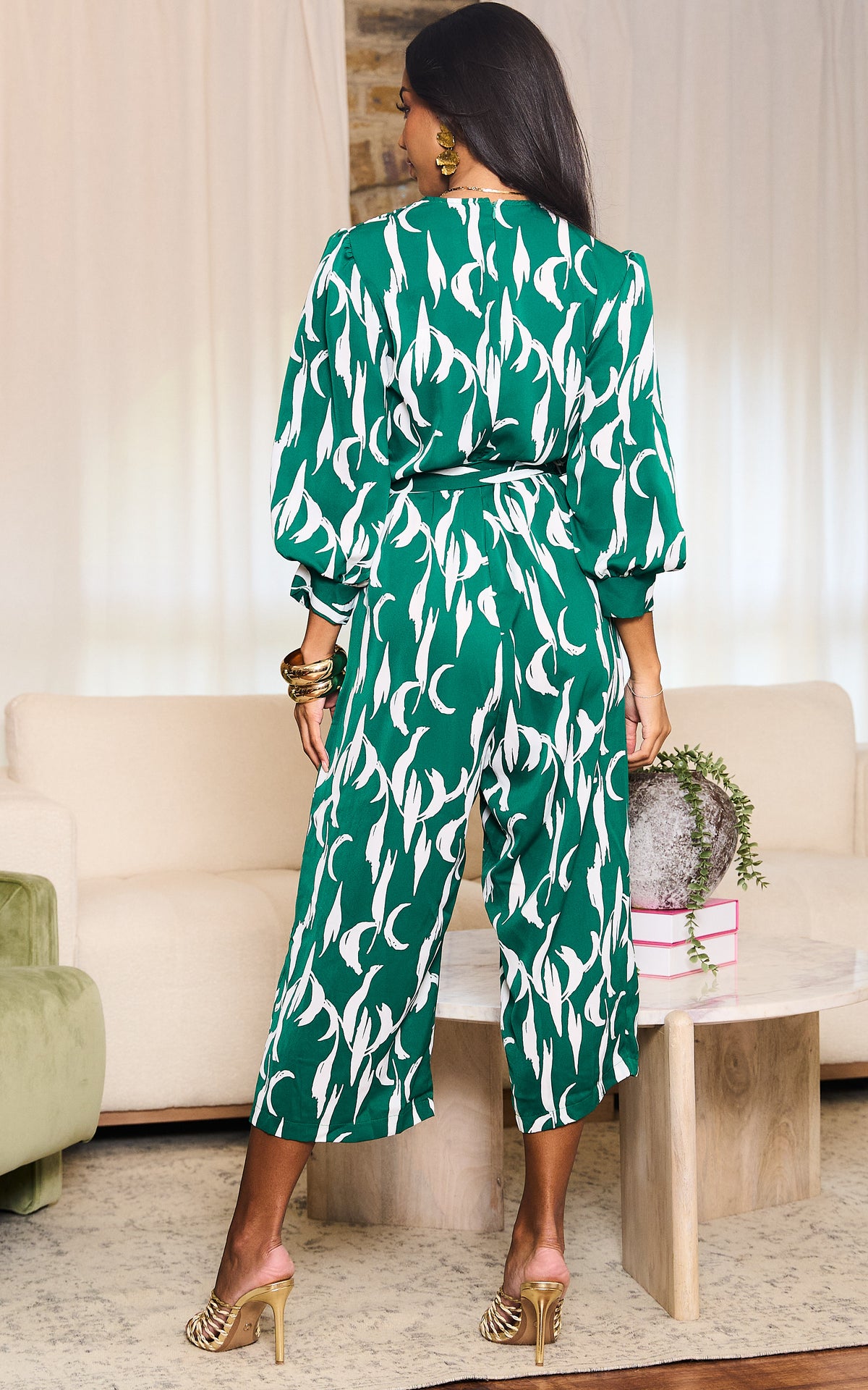 Green And White Printed Belted Jumpsuit