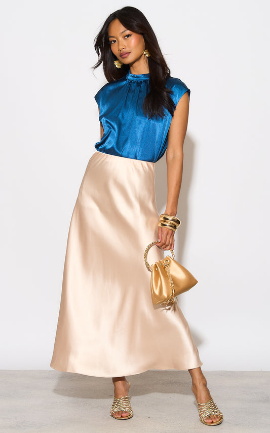 Satin cap sleeve high neck top in teal