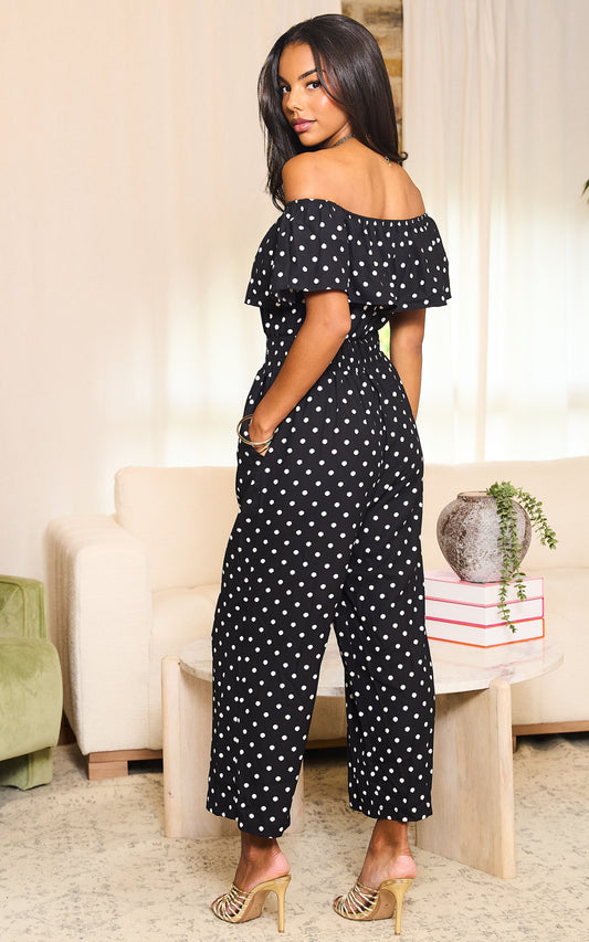 Black And White Polka Dot Bardot Jumpsuit