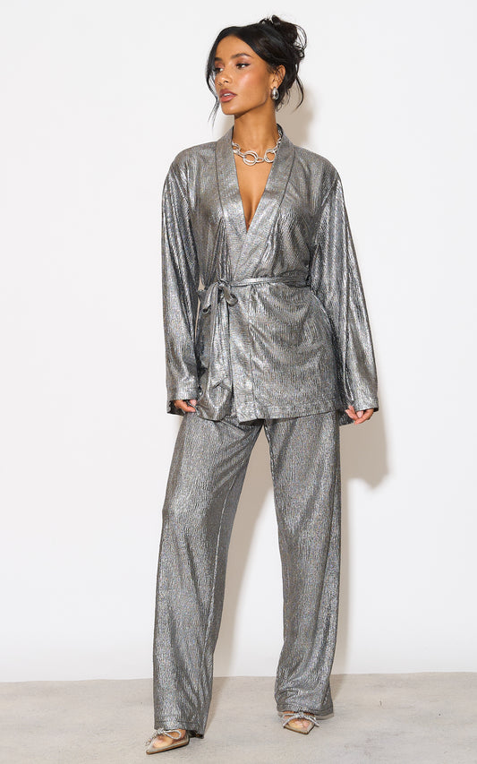 Praise You Metallic Silver Short Tie Kimono