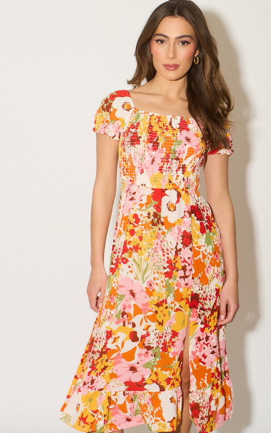 Orange floral print smock bardot wrap dress with frill details