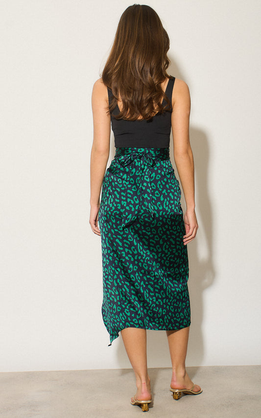Green/navy leopard animal print midi wrap skirt