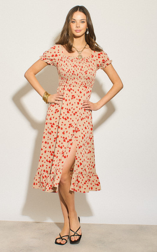 Floral print smock bardot wrap dress with frill details in cream