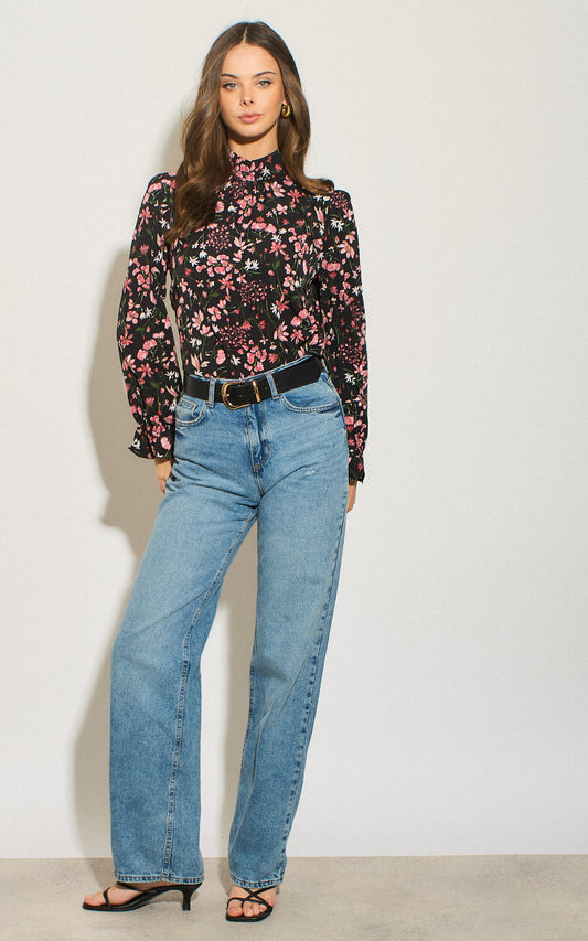 High neck floral print long sleeves top in multicolour