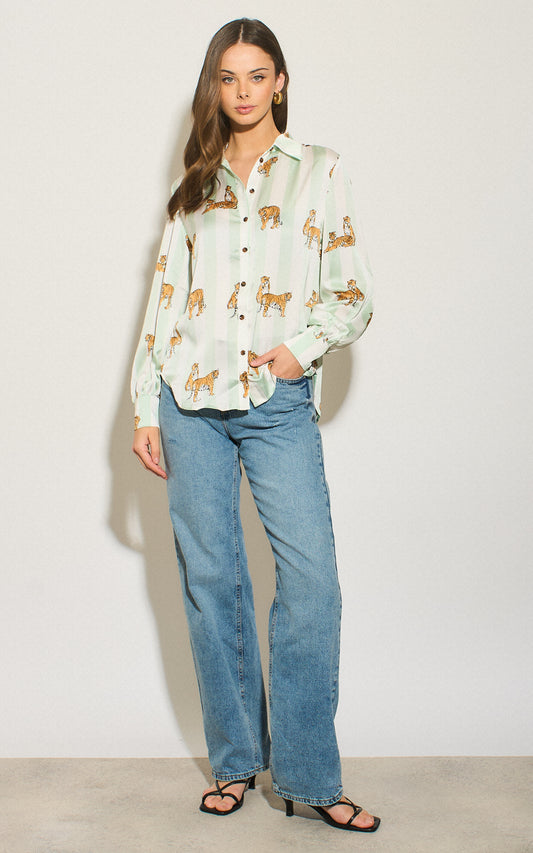 Striped tiger print long sleeves collared shirt in white and mint green