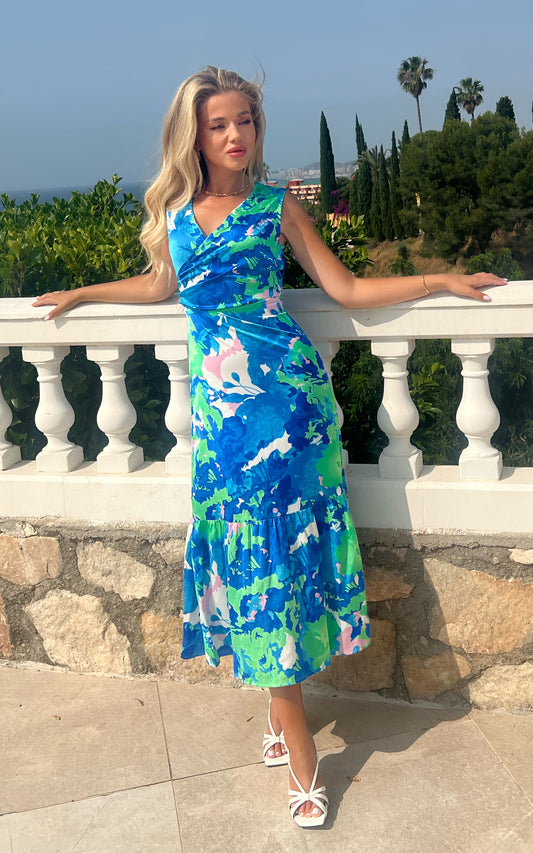 Mixed pink blue green sleeveless maxi dress