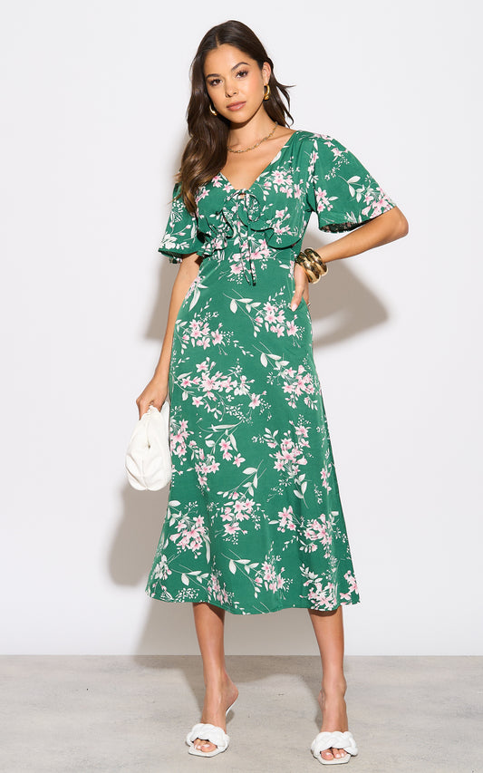 Green floral print maxi dress with frill details