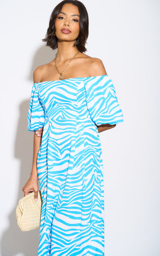 Blue & white animal print Bardot midi dress with smock detail print