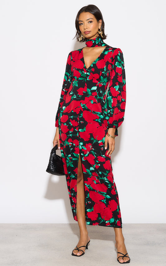 V Neck Button Through Maxi Dress in red floral
